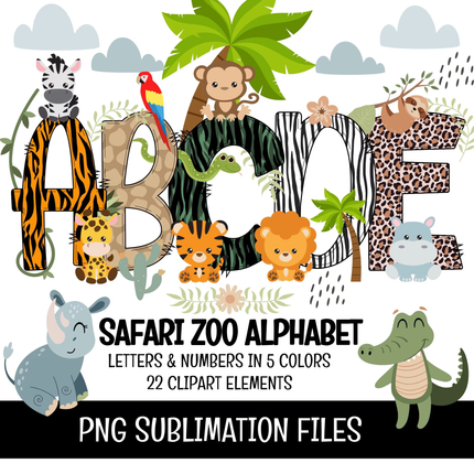 Safari Zoo Doodle Alphabet Letters PNG Bundle Instant Download