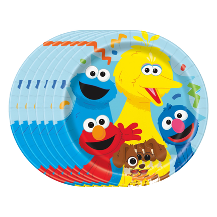 A stack of round paper party plates featuring Sesame Street characters including Big Bird, Cookie Monster, Elmo, and Grover, on a white background.