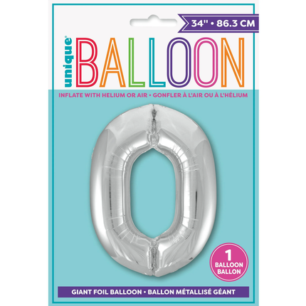 Silver 0 Number Foil Balloon 34"