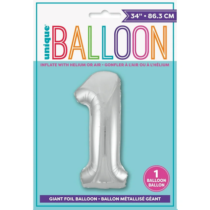 Silver 1 Number Foil Balloon 34"