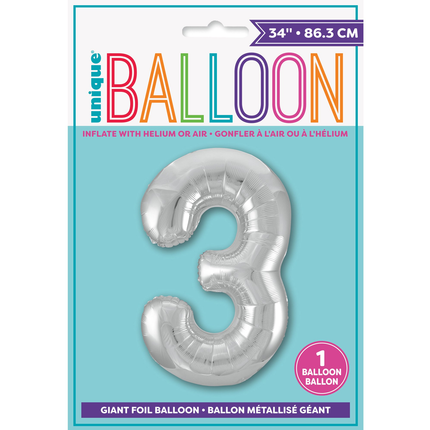 Silver 3 Number Foil Balloon 34"