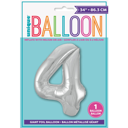 Silver 4 Number Foil Balloon 34"