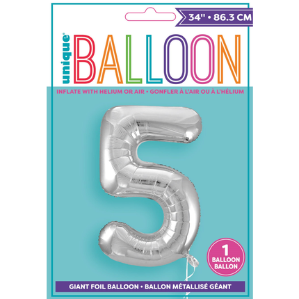 Silver 5 Number Foil Balloon 34"