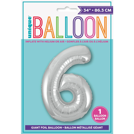 Silver 6 Number Foil Balloon 34"