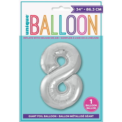 Silver 8 Number Foil Balloon 34"