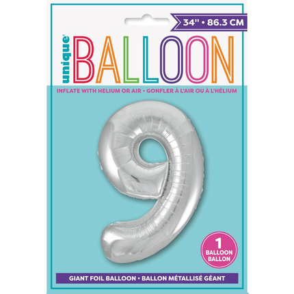 Silver 9 Number Foil Balloon 34"