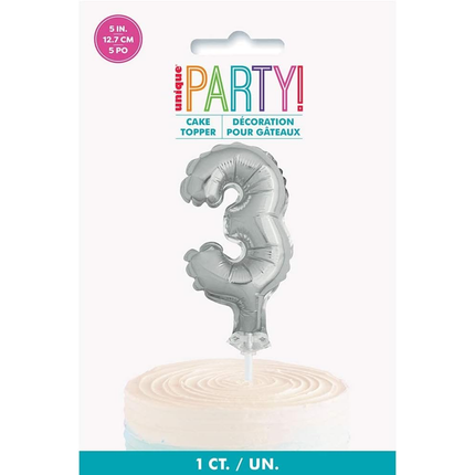 Silver Foil Number 3 Balloon Cake Topper 5"