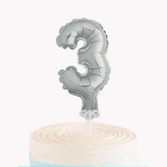 Silver Foil Number 3 Balloon Cake Topper 5"