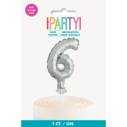 Silver Foil Number 6 Balloon Cake Topper 5"