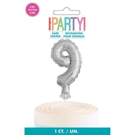 Silver Foil Number 9 Balloon Cake Topper 5"