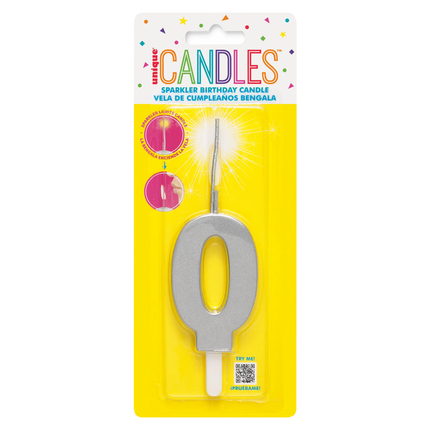 Silver Number 0 Sparkler-Topped Birthday Candle