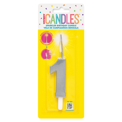 Silver Number 1 Sparkler-Topped Birthday Candle