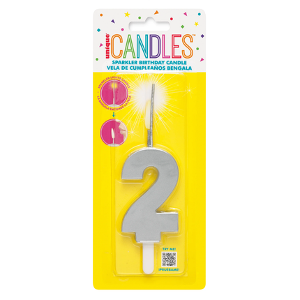 Silver Number 2 Sparkler-Topped Birthday Candle