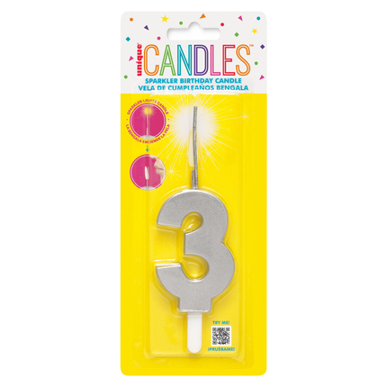 Silver Number 3 Sparkler-Topped Birthday Candle
