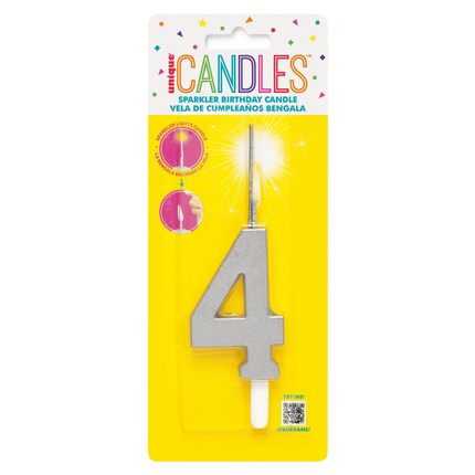 Silver Number 4 Sparkler-Topped Birthday Candle