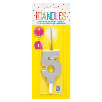 Silver Number 5 Sparkler-Topped Birthday Candle