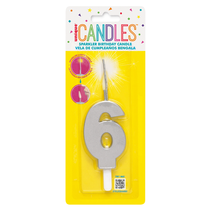 Silver Number 6 Sparkler-Topped Birthday Candle