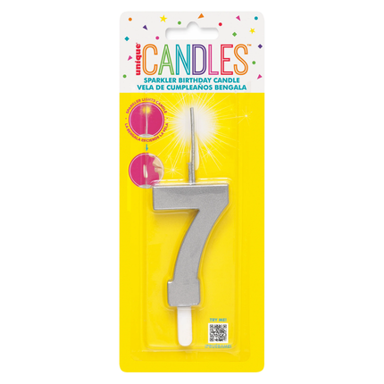 Silver Number 7 Sparkler-Topped Birthday Candle