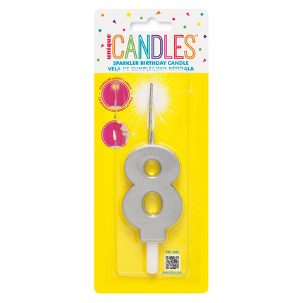 Silver Number 8 Sparkler-Topped Birthday Candle