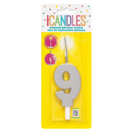 Silver Number 9 Sparkler-Topped Birthday Candle