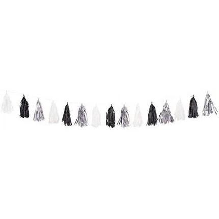 Silver, Black and White Tissue Tassel Garland, 9 ft