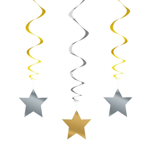 Silver & Gold Star Hanging Swirl Decorations, 26", 3ct