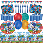 Birthday party supplies with Sonic the Hedgehog theme including plates, cups, and balloons.