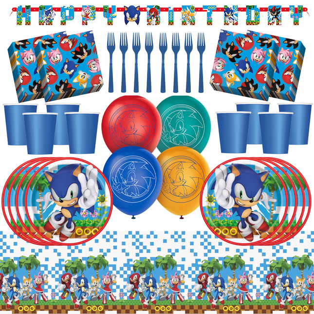 Birthday party supplies with Sonic the Hedgehog theme including plates, cups, and balloons.