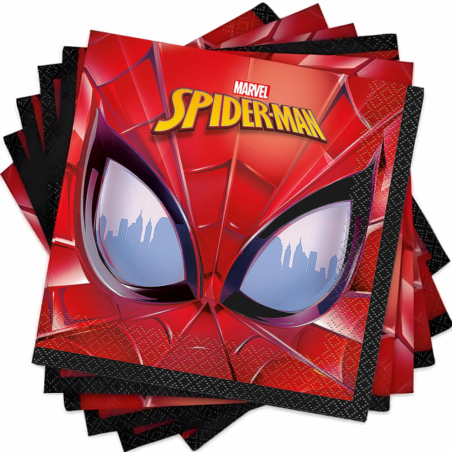 Marvel Spider-Man-themed party napkins with cityscape design on a white background
