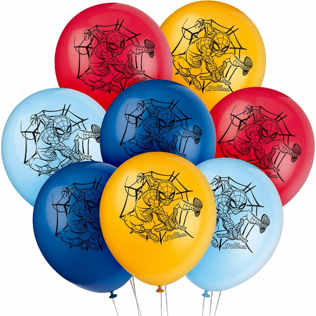 Set of balloons with Spider-Man designs in red, yellow, blue, and light blue on a white background.