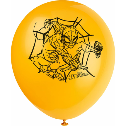 Yellow balloon with Spider-Man design on a white background