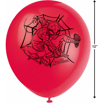 Red balloon with Spider-Man design and 'Marvel Spider-Man' text, size indicated as 12".