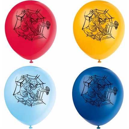 Four balloons in red, yellow, blue, and black with Spider-Man design on a white background