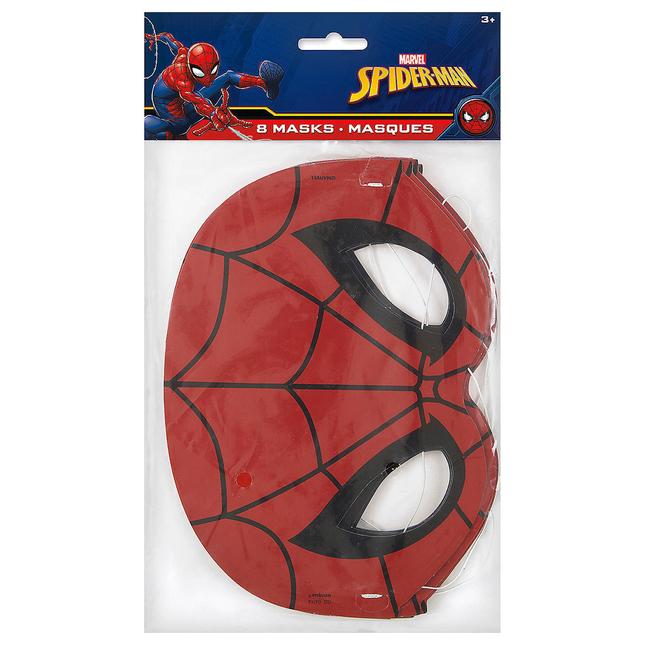 Spider-Man mask packaging with red and black design on a white background
