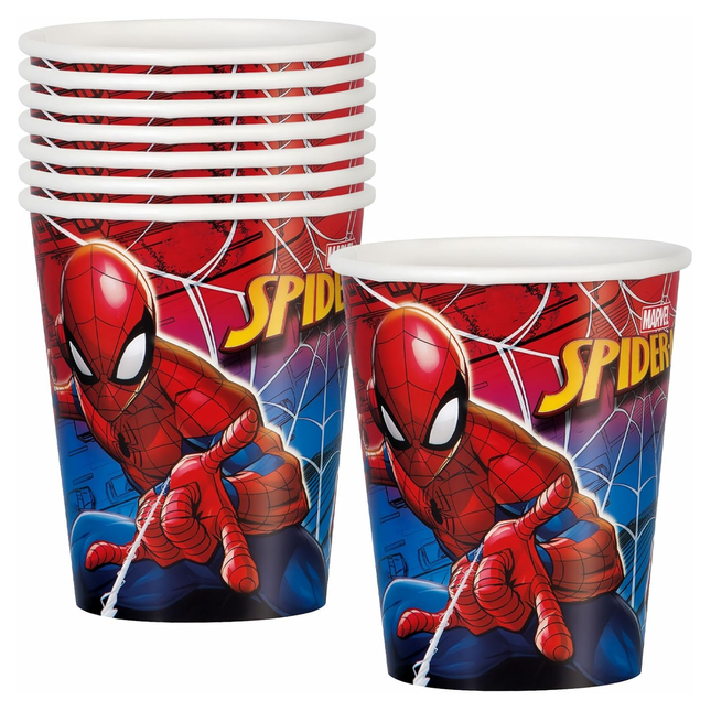 Spider-Man-themed paper cups with character and 'Spider-Man' text on a white background
