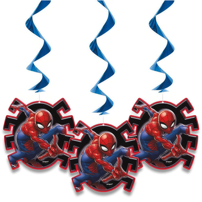 Spider-Man themed hanging decorations with blue and white swirls on a white background