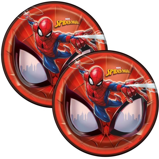 Two Spider-Man plates with a cityscape design on a white background