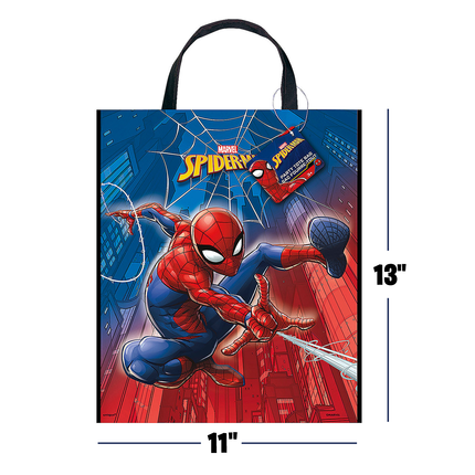 Spider-Man tote bag with dimensions on a white background