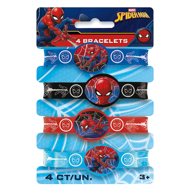 Spider-Man bracelet set packaging with multiple bracelets on a blue background