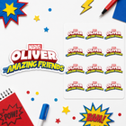 Marvel Oliver and the Amazing Friends sticker set displayed on a white background with colorful comic-style props. The set includes a large single sticker and a sheet of ten smaller identical stickers, styled with starbursts, stars, and notebook accessories.