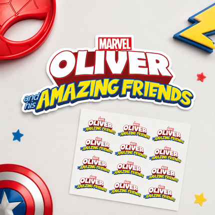 A die-cut sticker featuring the Marvel Oliver and his Amazing Friends logo, displayed above a sheet of ten identical stickers on a light gray background with superhero-themed props.
