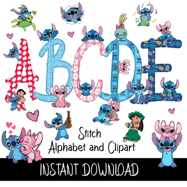 Lilo & Stitch Doodle Alphabet Letters PNG Bundle Instant Download