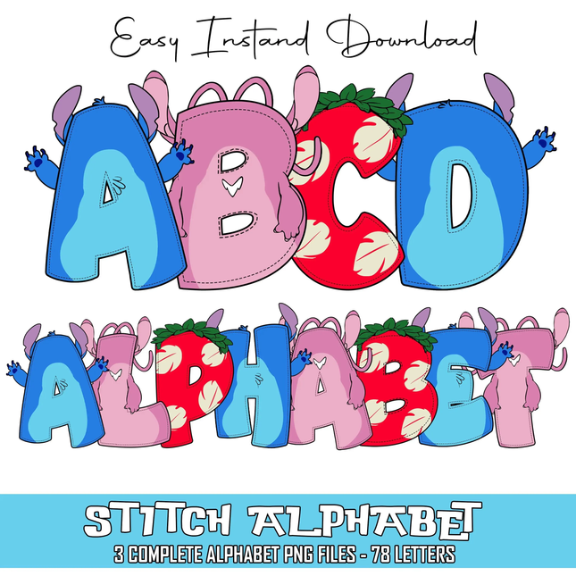 Stitch Doodle Alphabet Letters PNG Bundle Instant Download
