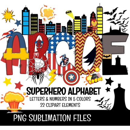 SuperHero Doodle Alphabet Letters, Numbers PNG Bundle Instant Download