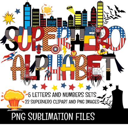 SuperHero Doodle Alphabet Letters, Numbers PNG Bundle Instant Download