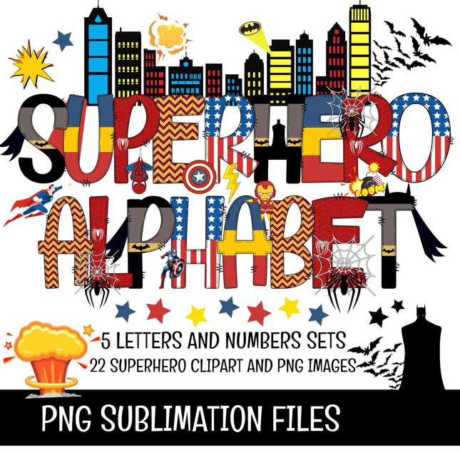 SuperHero Doodle Alphabet Letters, Numbers PNG Bundle Instant Download