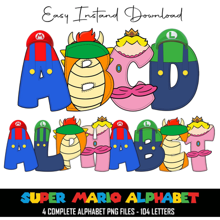 Super Mario Doodle Alphabet Letters PNG Bundle Instant Download