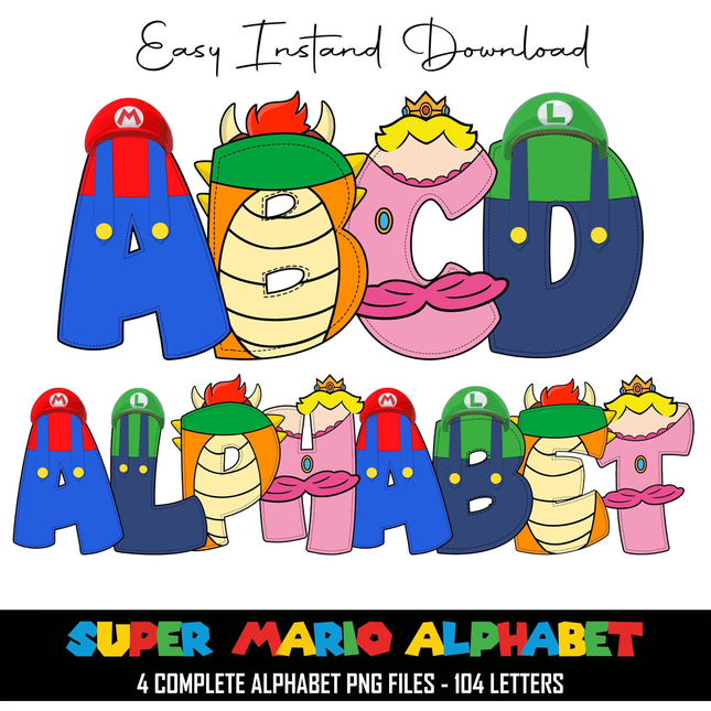 Super Mario Doodle Alphabet Letters PNG Bundle Instant Download