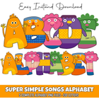 Colorful cartoon letters of the alphabet with a 'Super Simple Songs' branding.