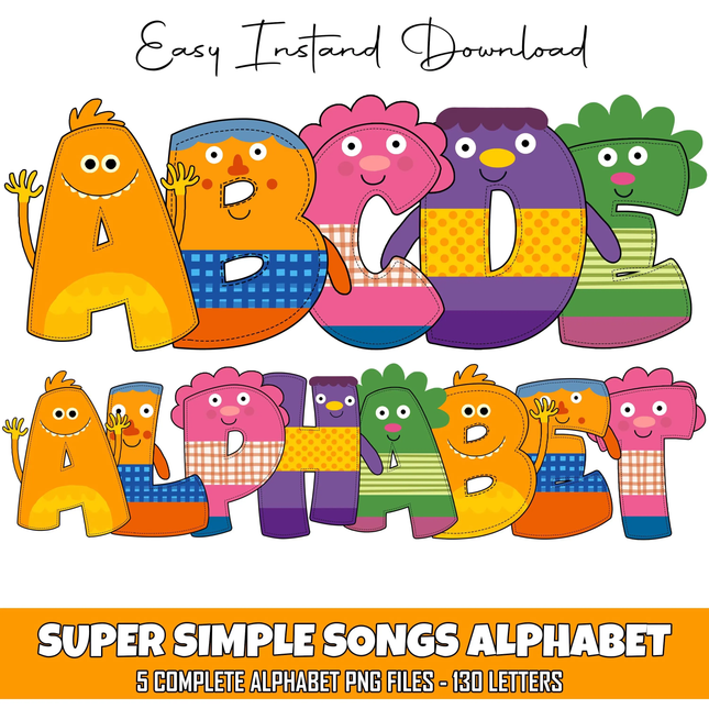 Colorful cartoon letters of the alphabet with a 'Super Simple Songs' branding.